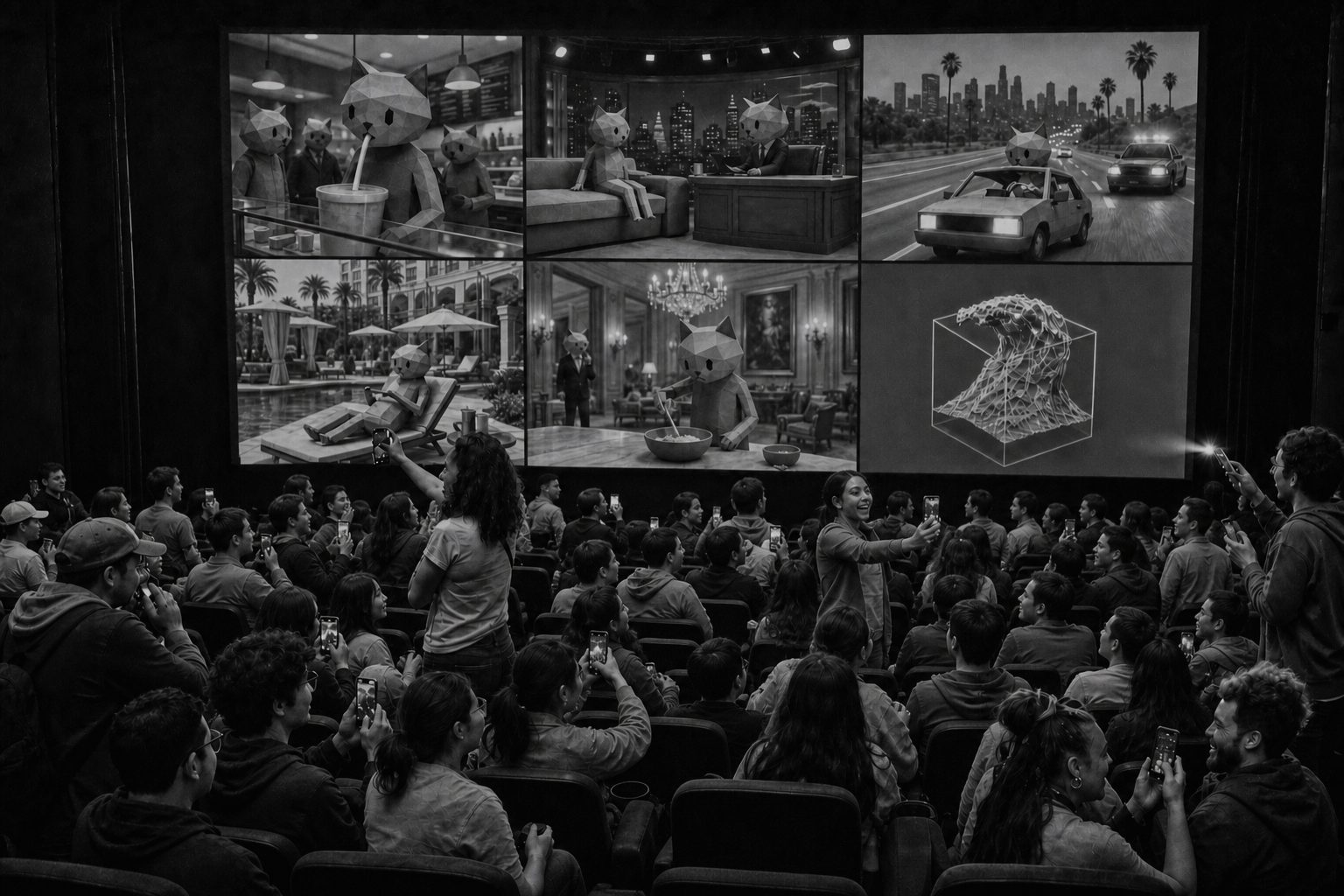 An intimate cinema of people playing with their phones as controllers in varied ways — filming, texting, aiming, tilting — facing a six-panel screen of deadpan low-poly 3D cats living absurd celebrity lives: a smoothie bar, a talk-show set, an LA freeway chase, a hotel pool, a mansion, and the Third Wave wave-cube logo